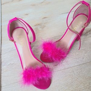 Hot pink feather peep toe chunky heels